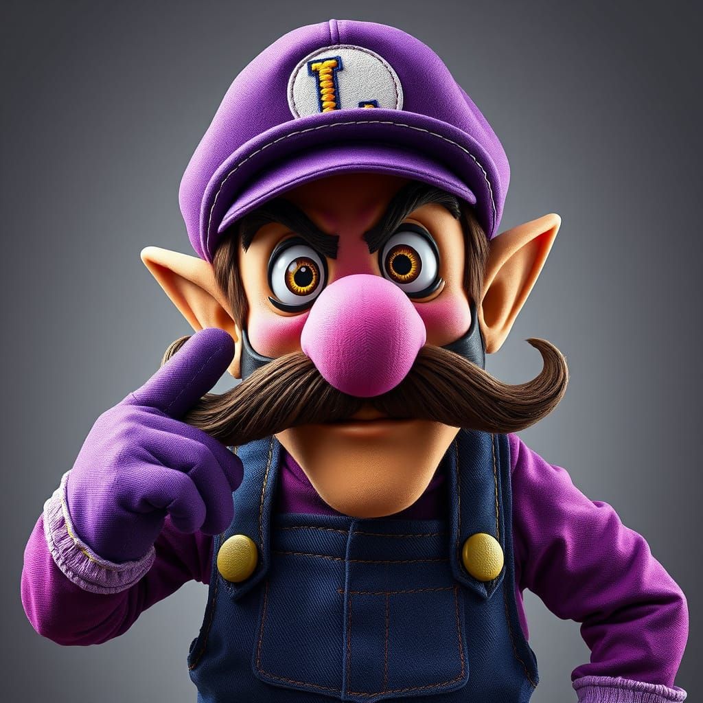 Surreal Fabric Sculpture of Waluigi with Intricate Stitching