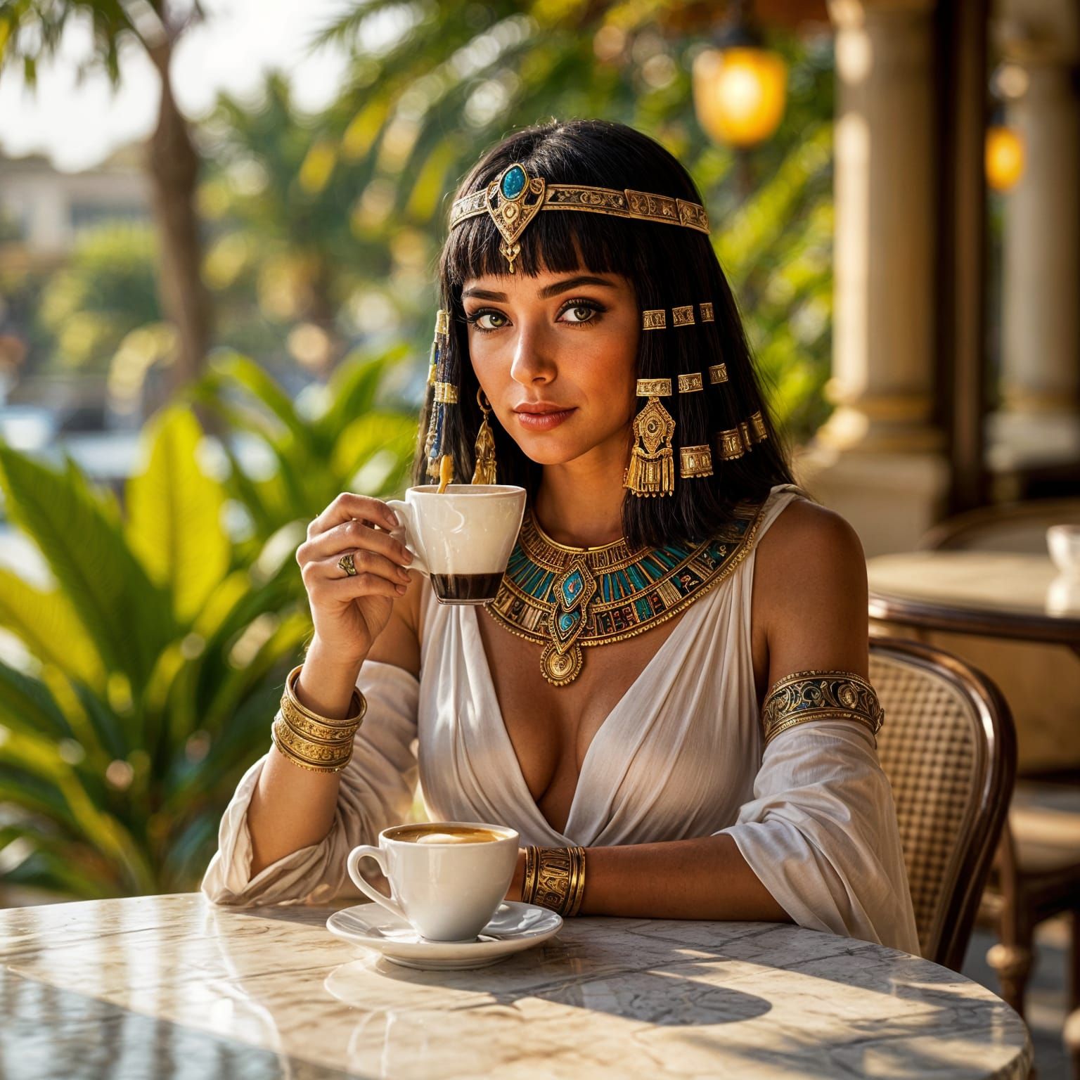 Cleopatra Enjoys Espresso at a Roman Cafe