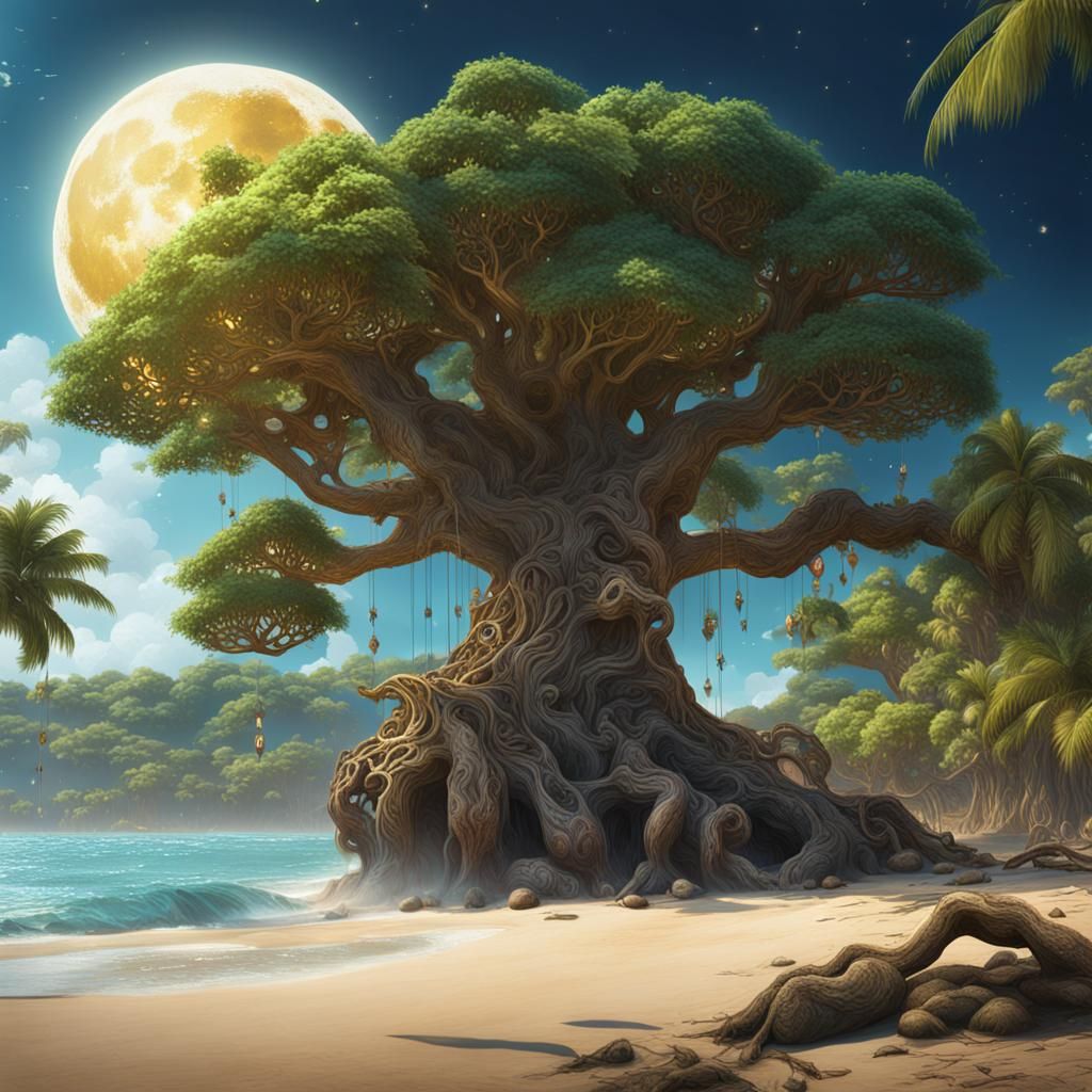 Full Moon Over Dominican Beach With Money Tree