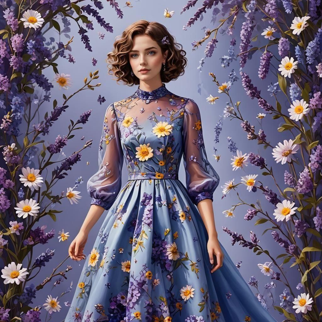 Woman in Floral Landscape: Cinematic Film Still