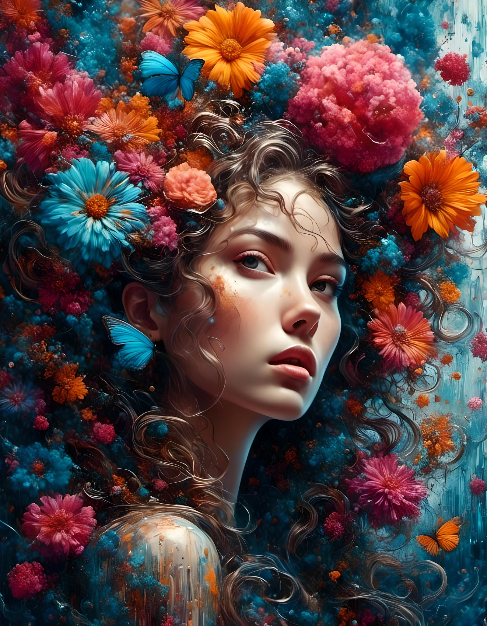 Surreal portrait, girl with curly long hair in an updo with gigantic flowers intricate detail <lora:GULLYISM-v3:1.0> <lo...