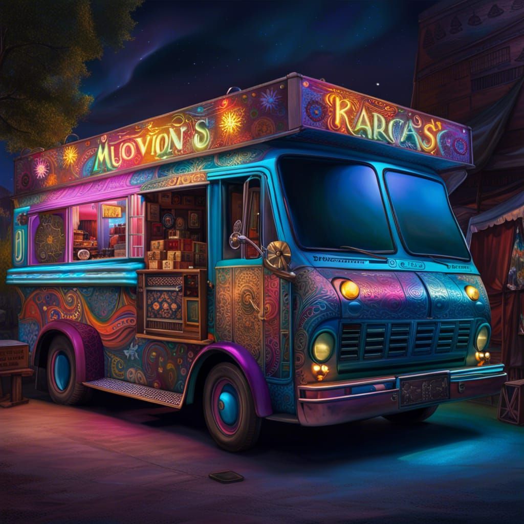 Hyperrealistic Moonlit Hippie Van at Music Festival