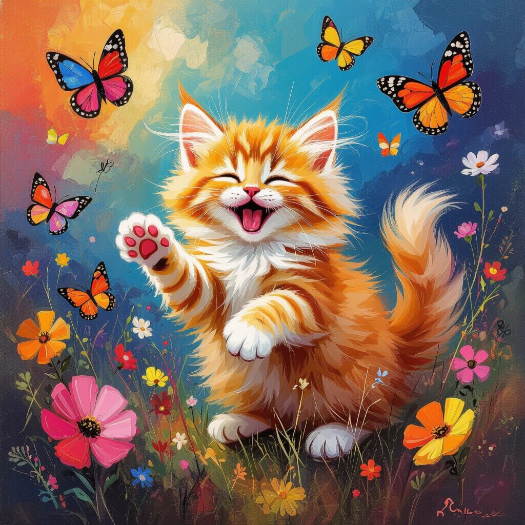Happy Orange Kitten Playing with Butterflies in Abstract Sty...