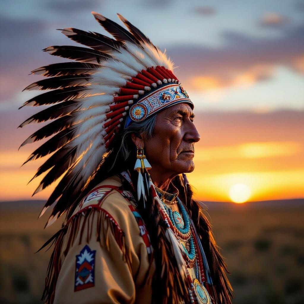 Regal Native American Chief in Twilight, Photorealistic Art