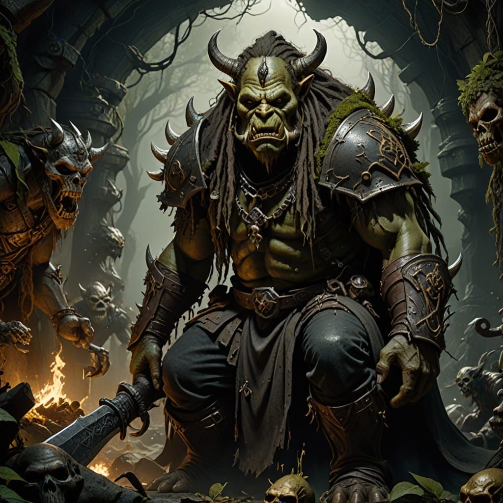 Ogre King on Skull Throne in Dark Cave