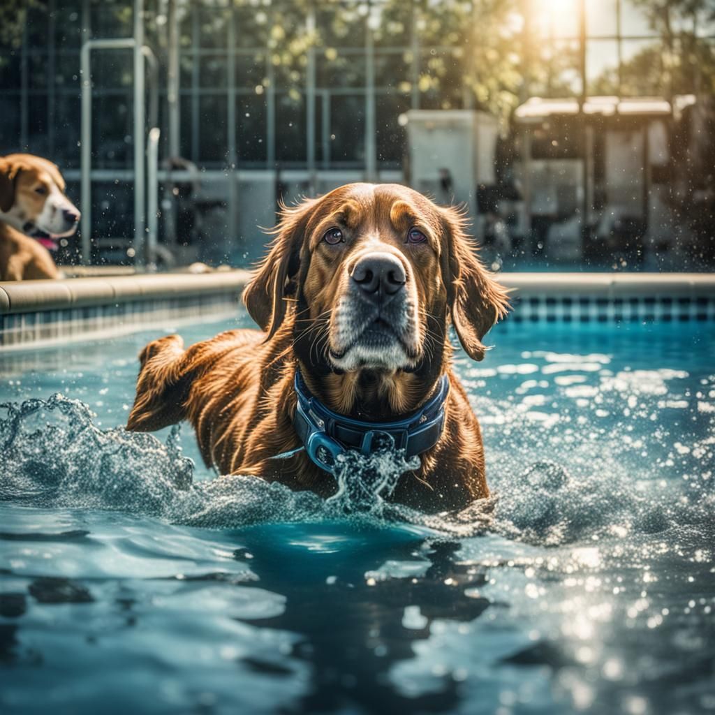 Dogs Swimming in Pool: Hyperrealistic 64 Megapixel Image