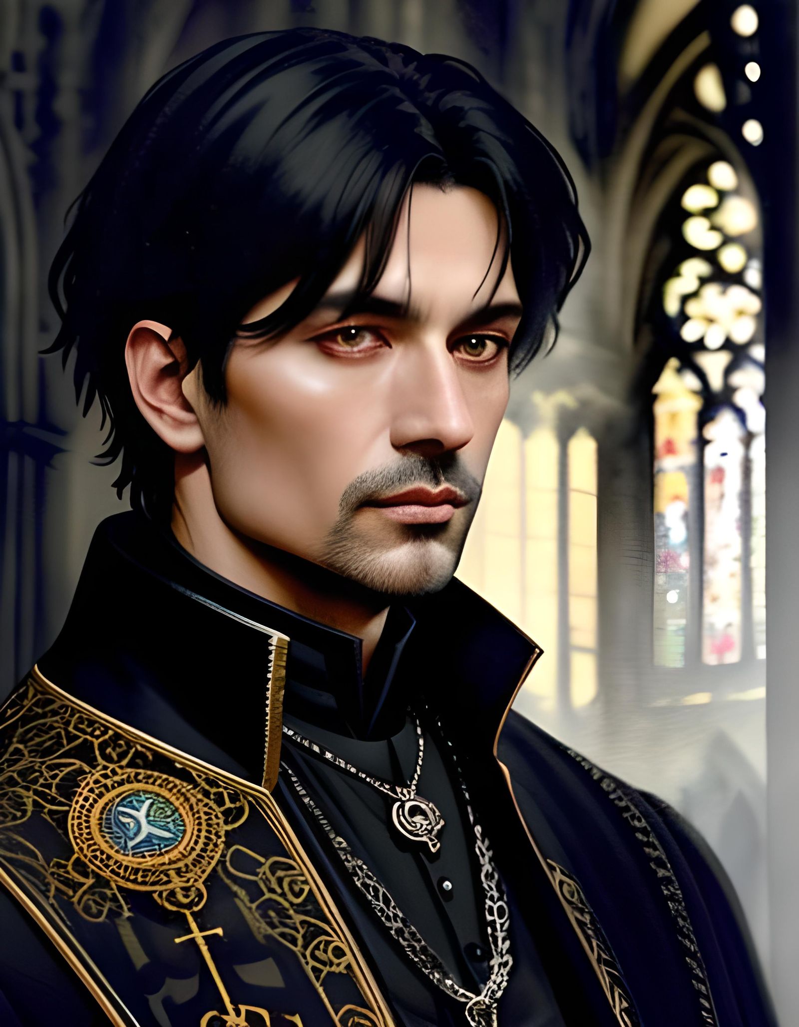 Prayer Man in Gothic Cathedral: Dark Watercolor Art