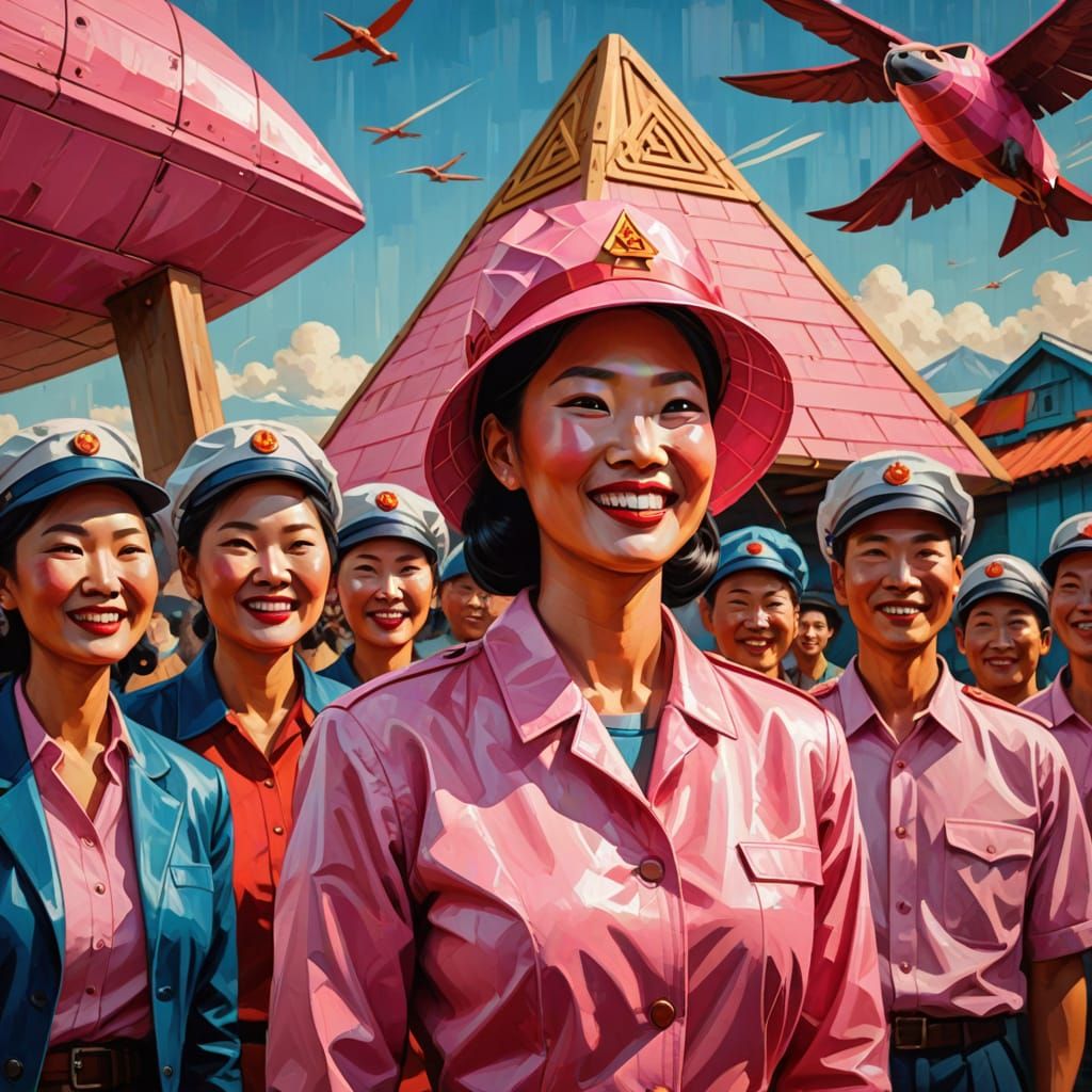 Joyful Celebration in a Retro Factory Scene, Neo-Impressioni...