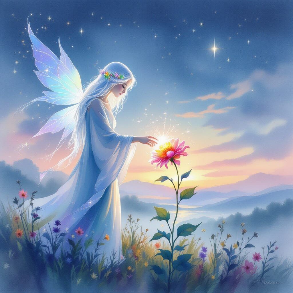 Starlight Celestial Being Revives Flower in Ethereal Landsca...