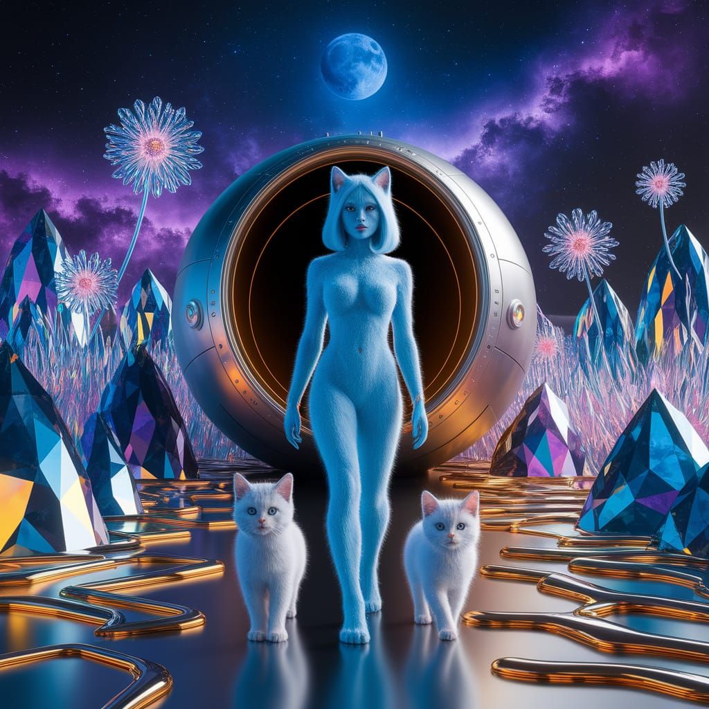 Cosmic Cat Goddess Surrounded by Kittens and Starlight