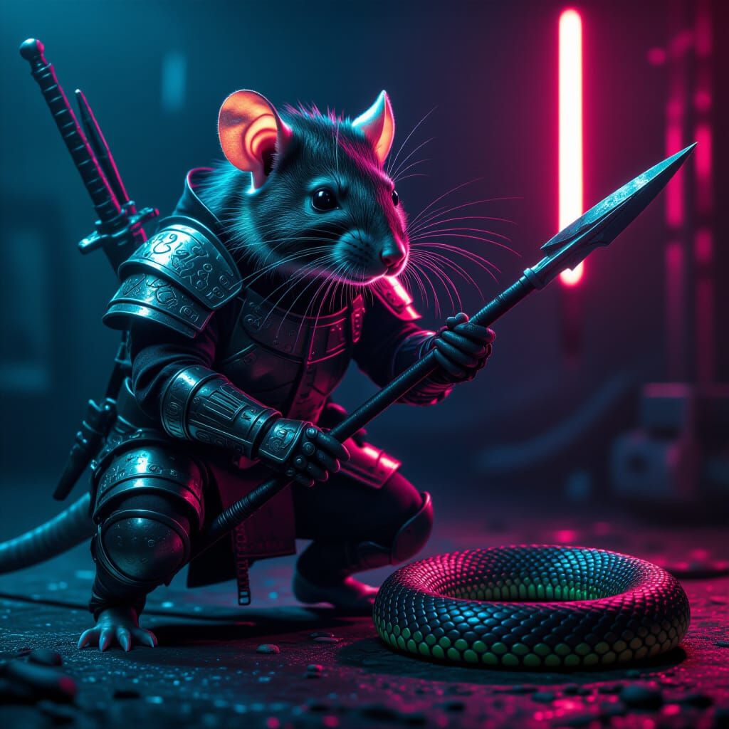 Cyberpunk Rat Gladiator Stabs Snake