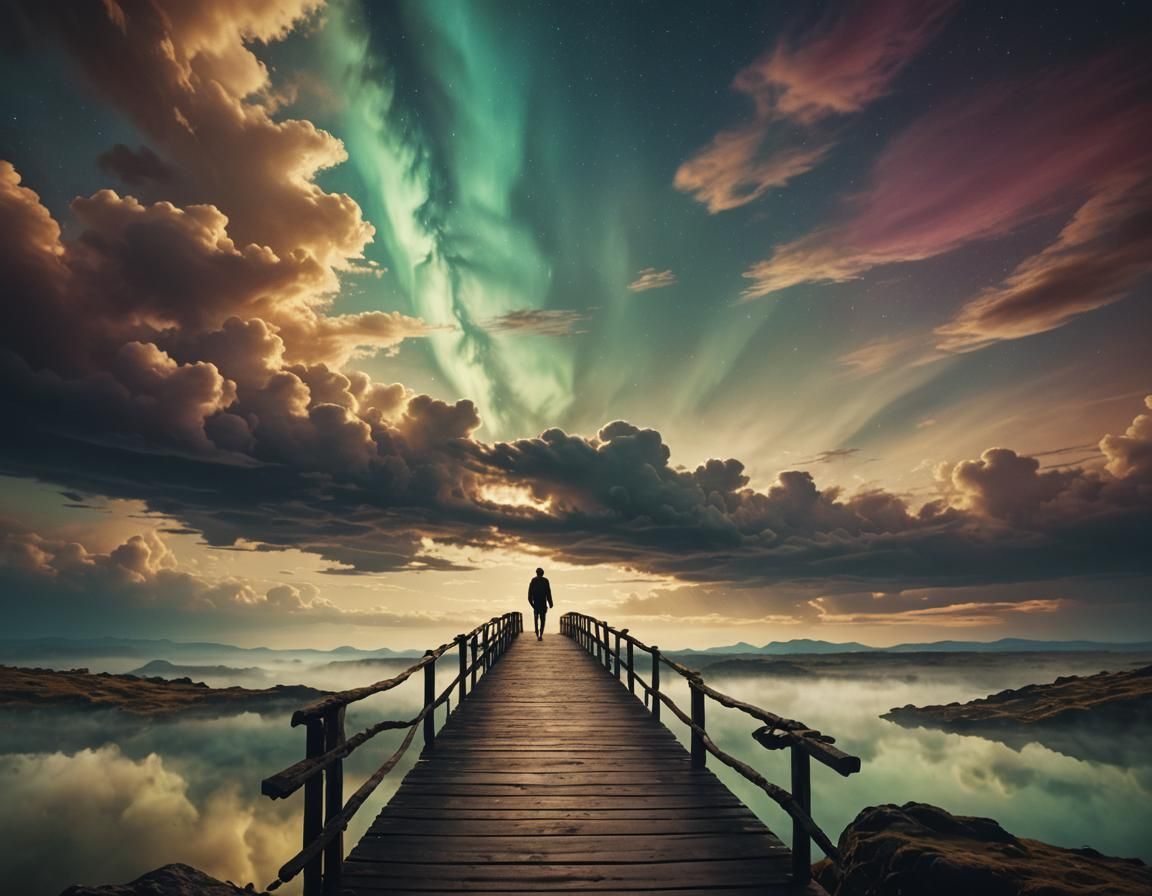 Mystical Bridge Under Aurora Sky, Cinematic Still