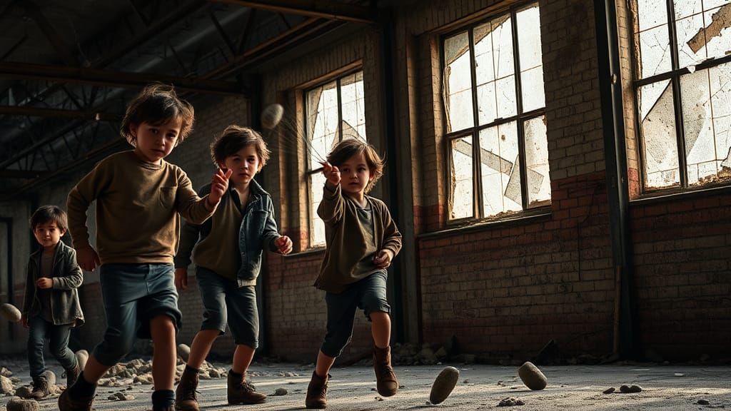 Boys Throwing Stones at Derelict Factory Windows
