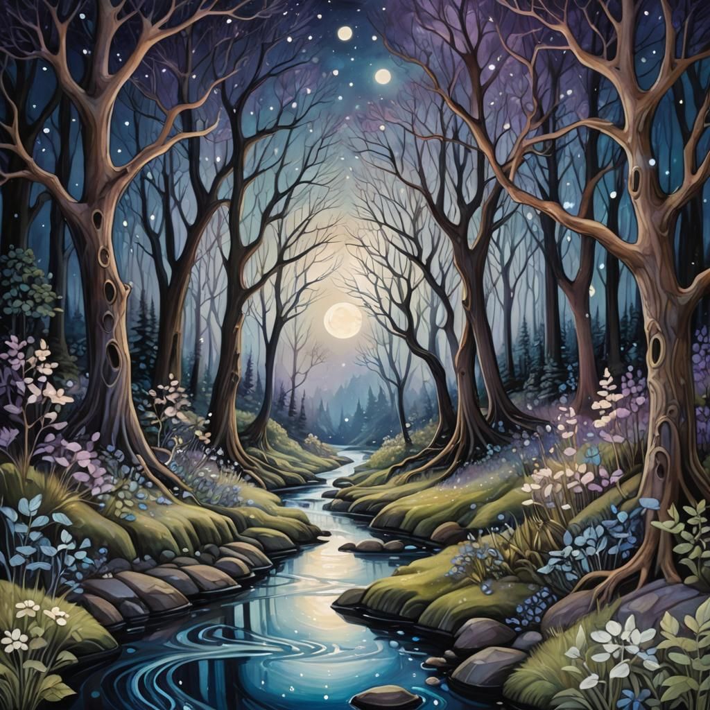 Mystical Forest Stream in Dreamy Ethereal Style