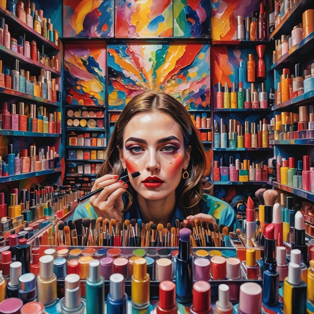 Woman Applying Makeup in Surrealist Fauvist Store