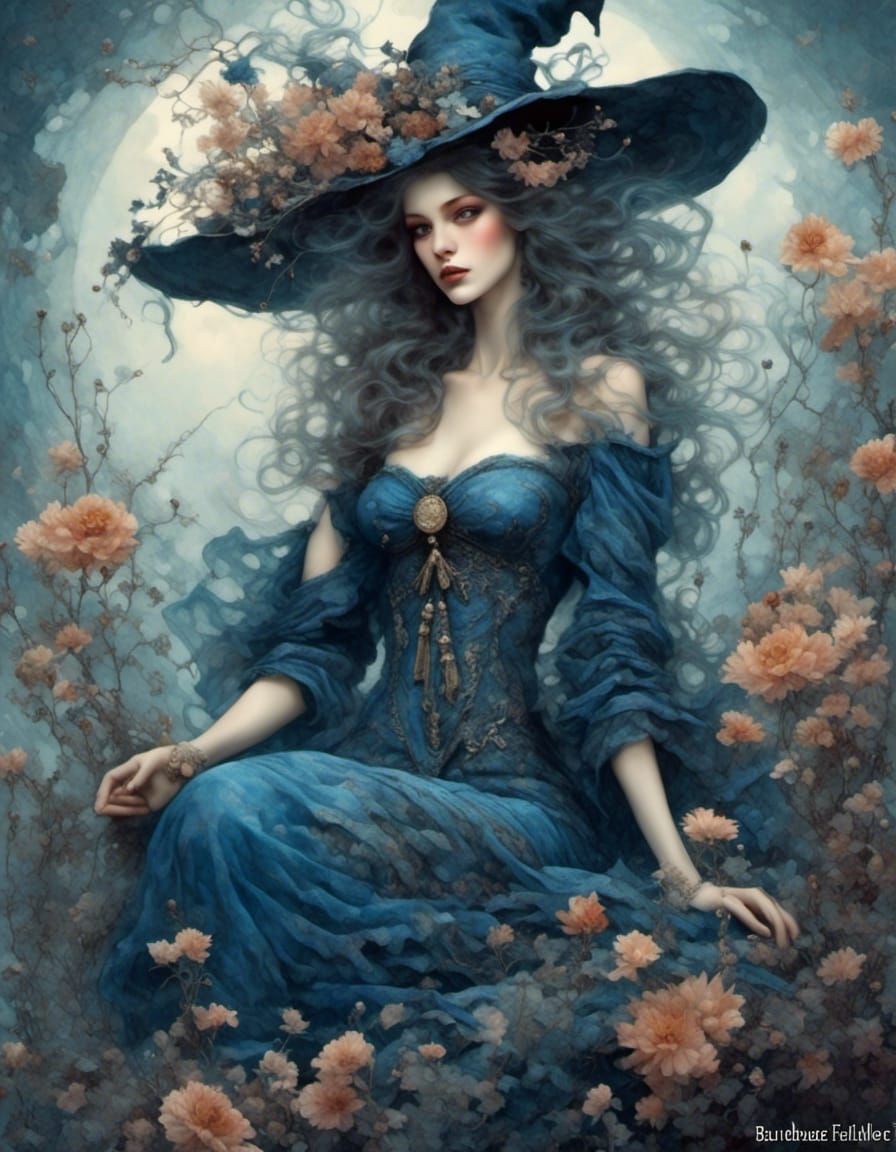 Enchanting Blue Witch in Folklore Style