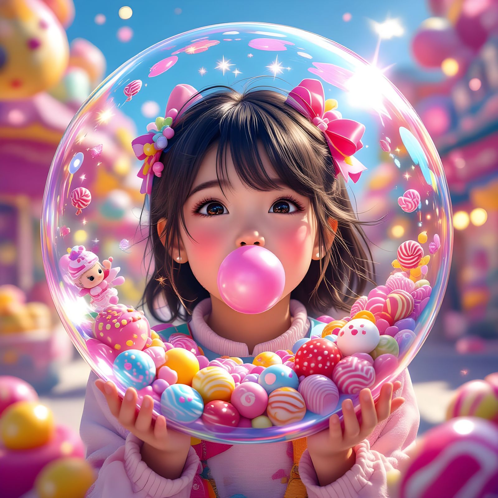 Girl Blowing Candy World Bubble