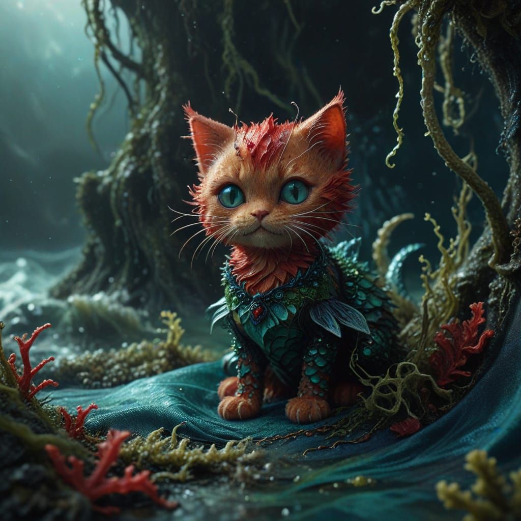 Tiny Red Cat as Spooky Mermaid in Gothic Fantasy Art