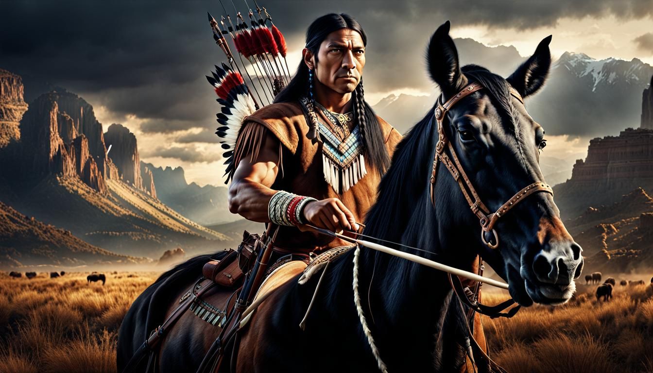 Native American on Horseback: Hyperrealistic Dark Fantasy