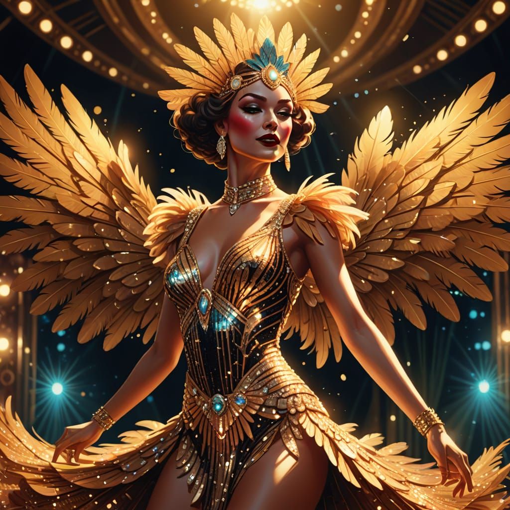 Glamorous Showgirl Dancing on Stage in Art Deco Style
