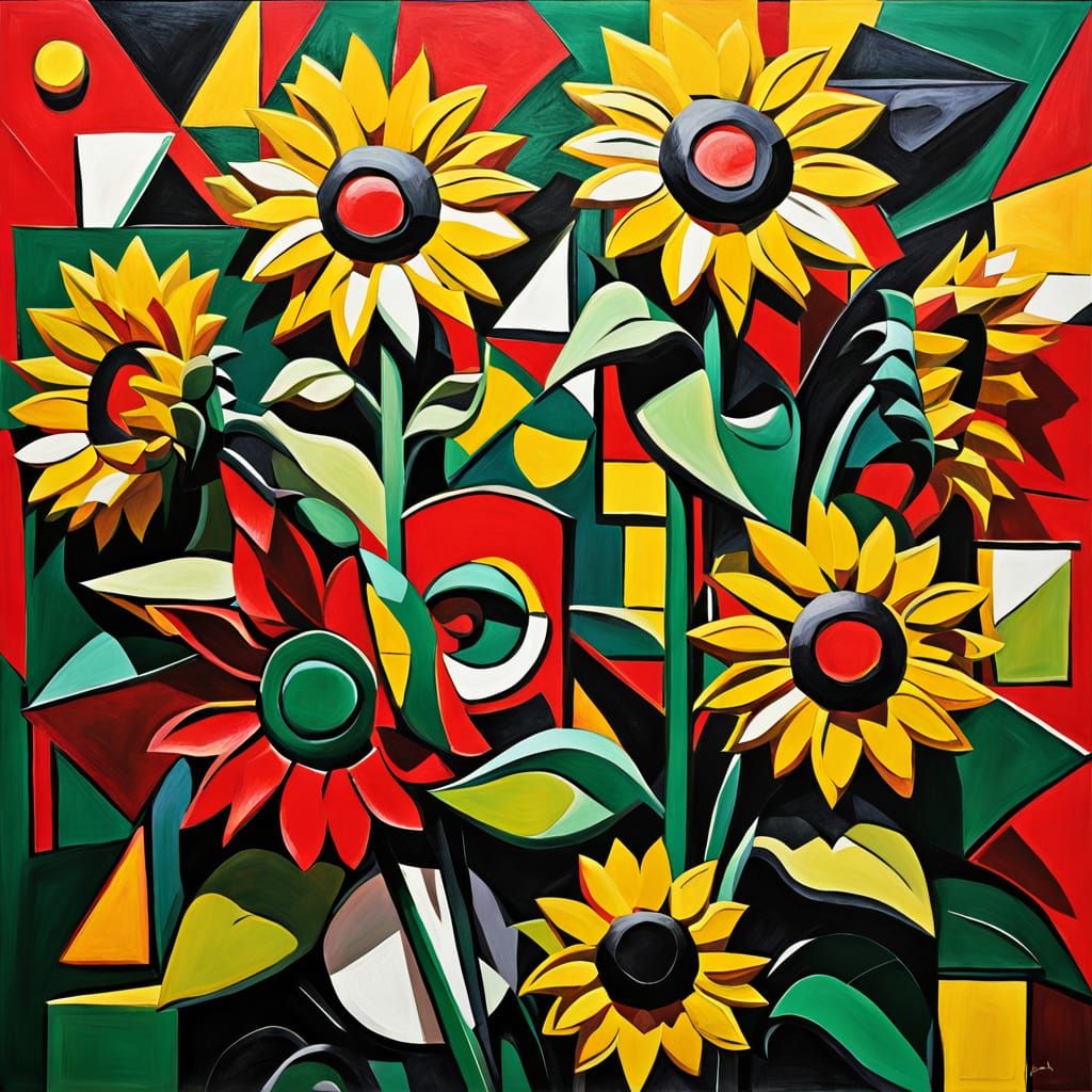 Cubist Sunflower Sculpture in Red, Green and Yellow