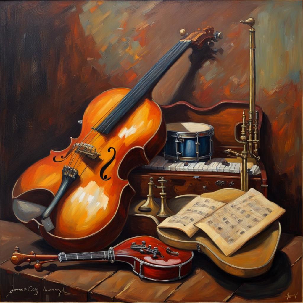 Musical Instruments in Oil Painting Style