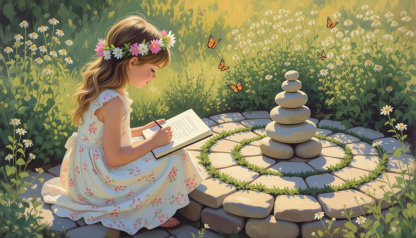 Girl Sketching in Herb Garden in Impressionist Style