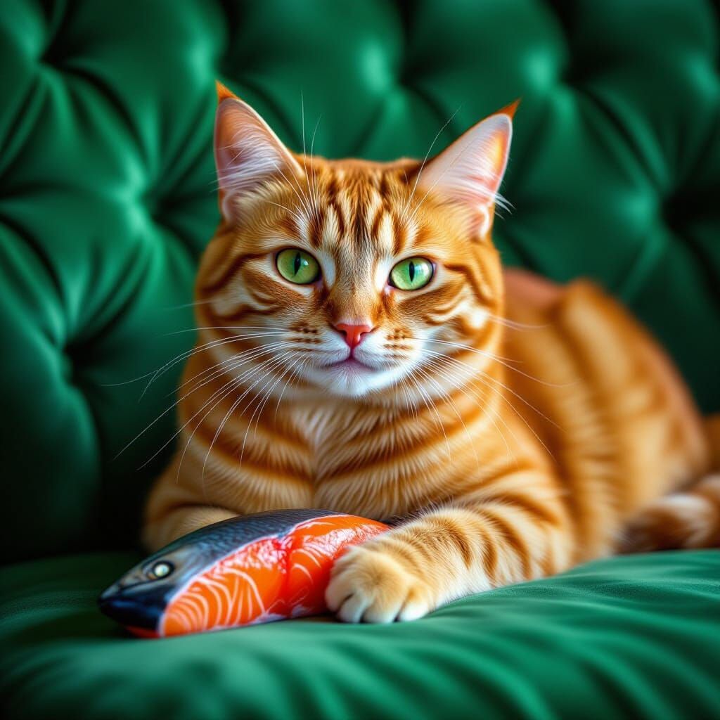 Ginger Cat Enjoys Salmon on Velvet Sofa in Photorealistic St...