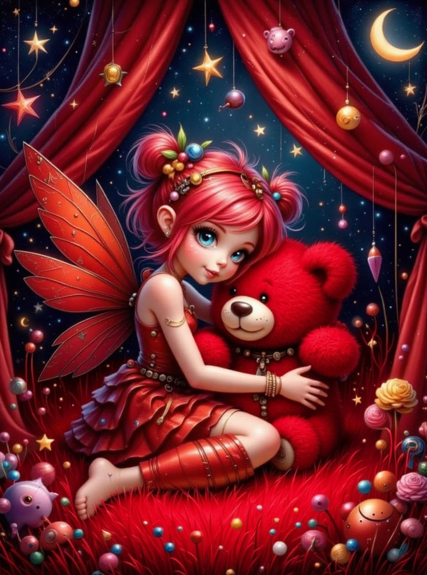 Cute Fairy Hugging Teddy Bear at Night