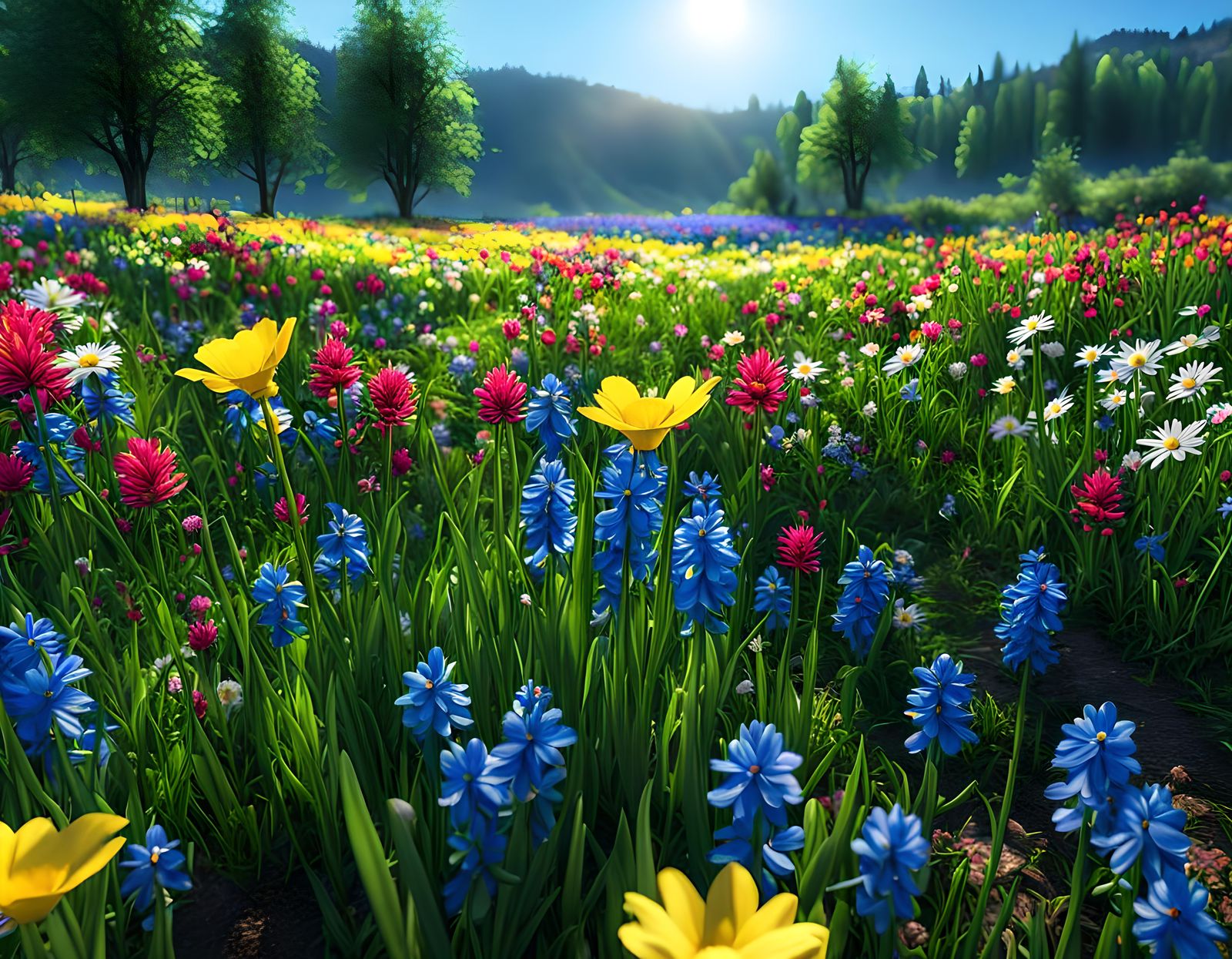 Hyperrealistic Spring Flower Field in Sunlight