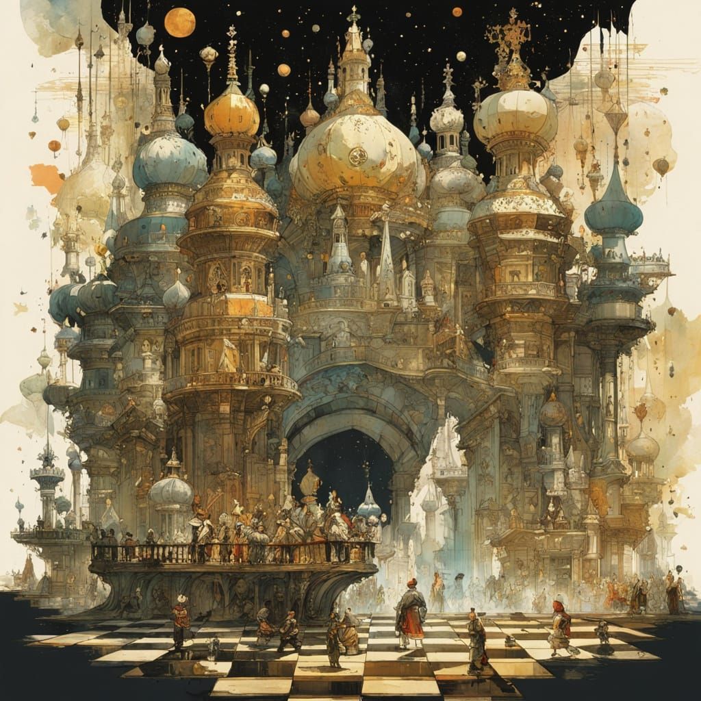 Intricate Watercolor Chess Game in Gold and Silver