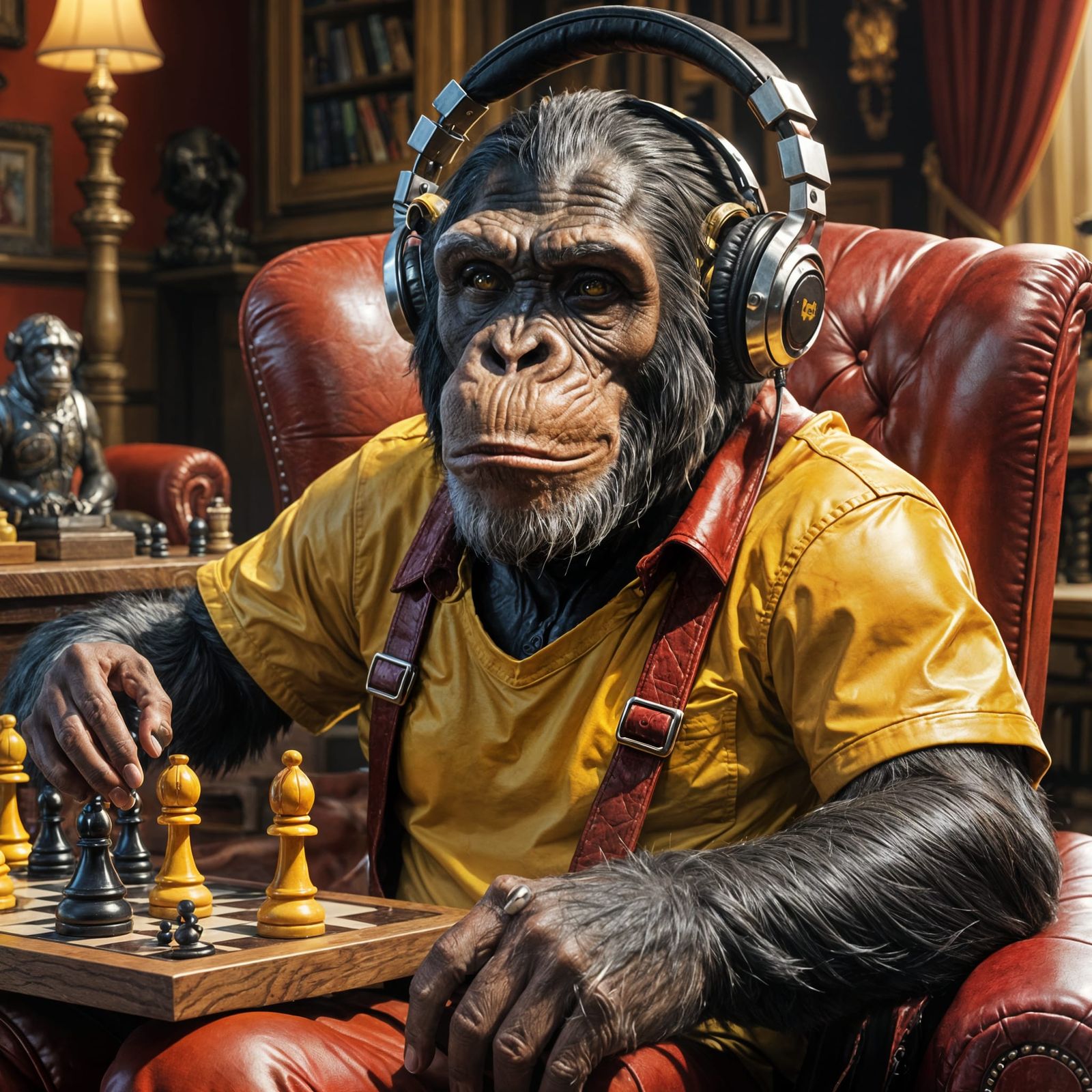 Whimsical Cartoon Chimp Plays Chess in Armchair