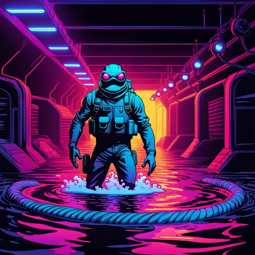 Frogman Emerges from Sewer in Synth-Wave Neon Style