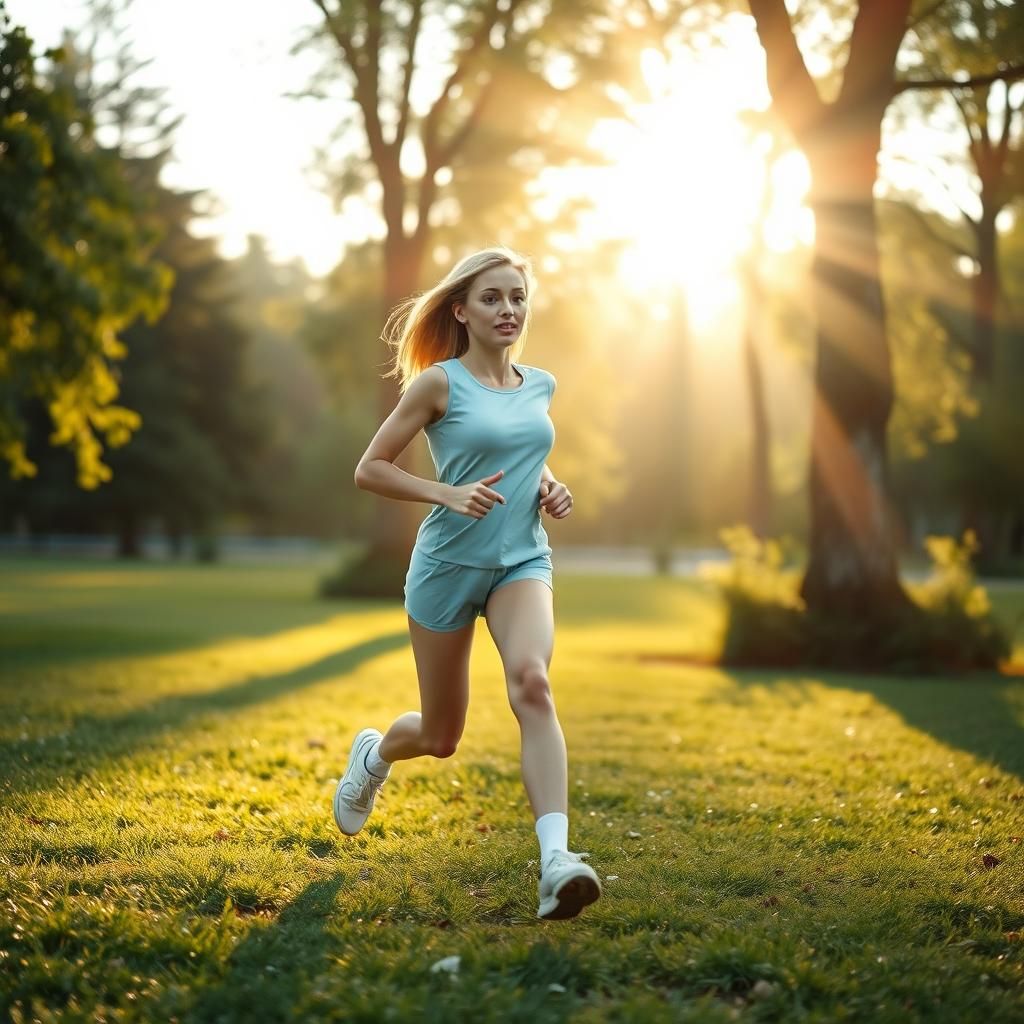 Woman Running in Sunny Park: Cinematic Style