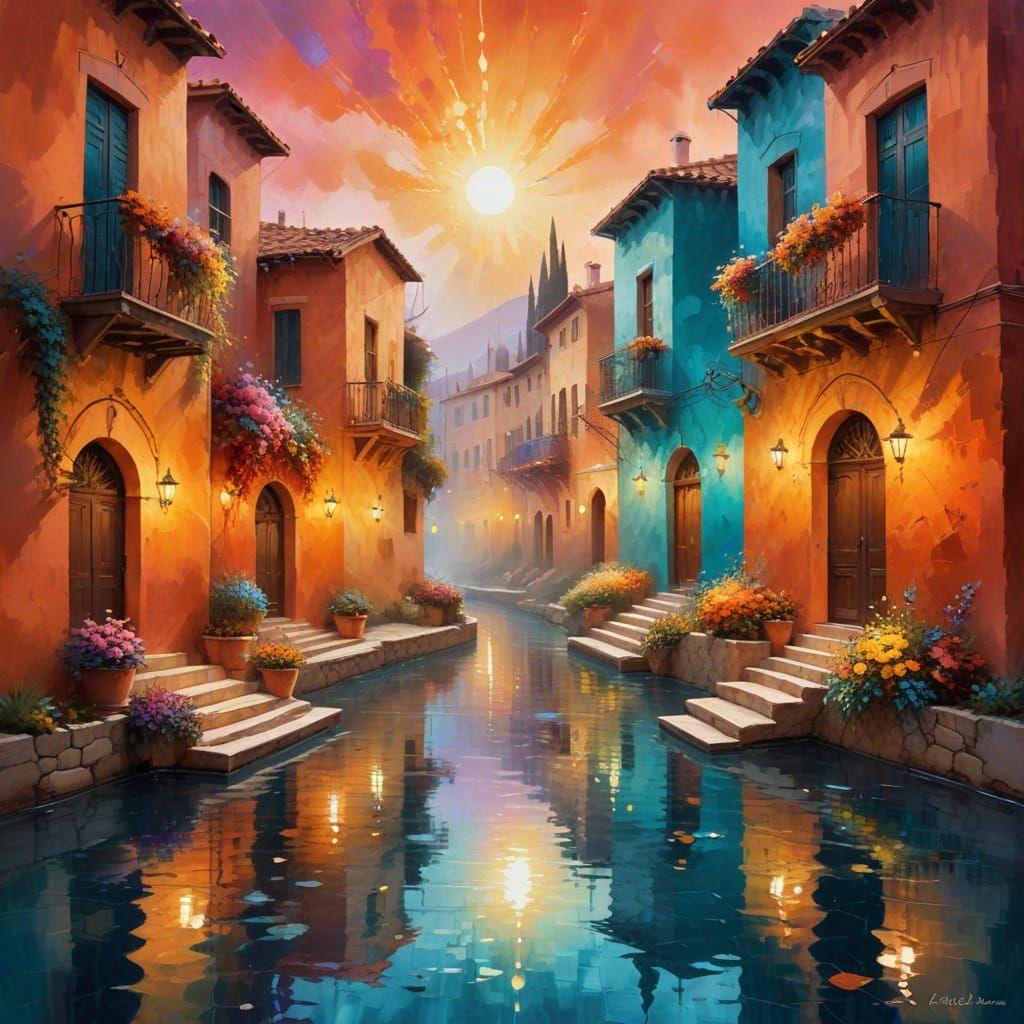 Vibrant Mediterranean Oasis in Dreamlike Oil Painting Style