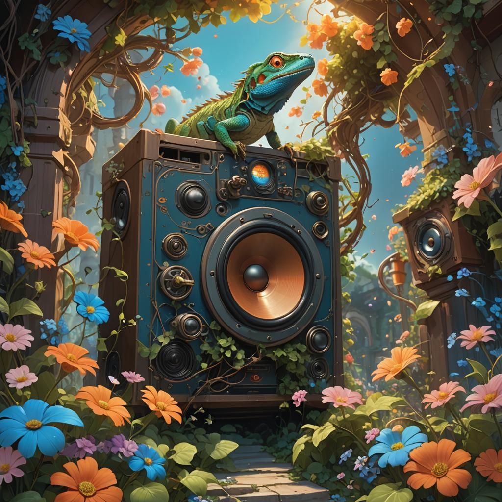 Lizard Escaping Mystical Speaker, Ghibli-Inspired Art