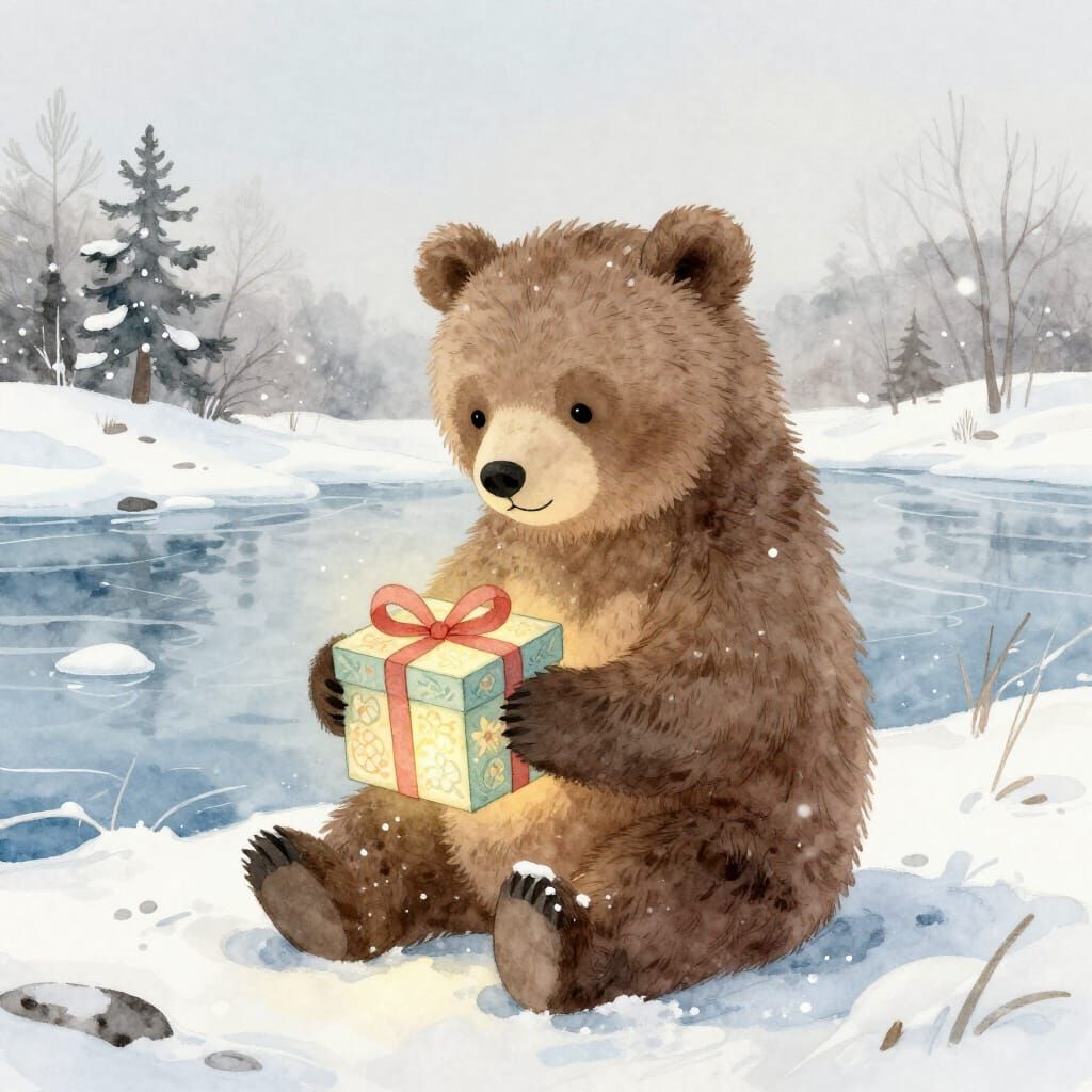 Bear Cub Holds Glowing Gift by Frozen River in Watercolor St...
