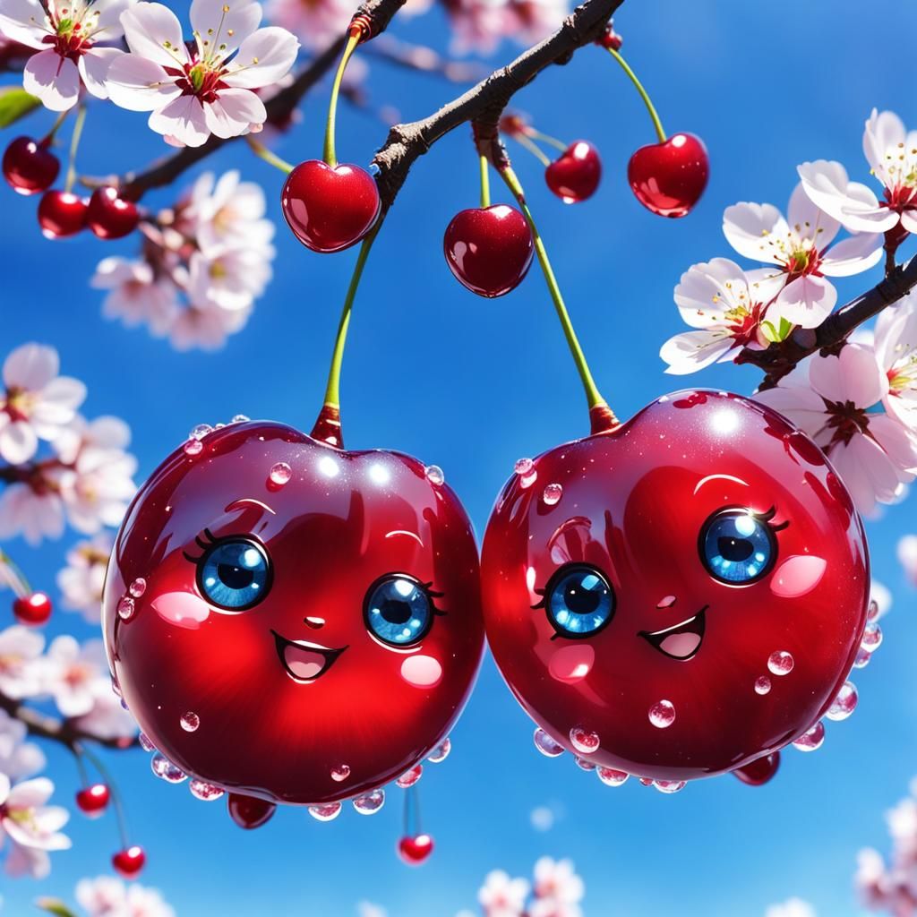 Chibi Cherries with Sparkling Eyes and Blossoms