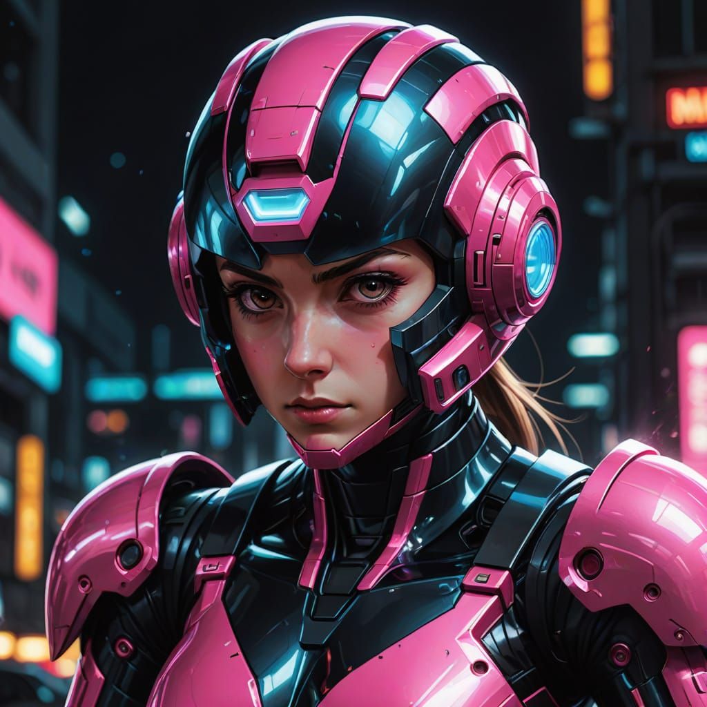 Female Megaman in Glossy Black and Neon Pink