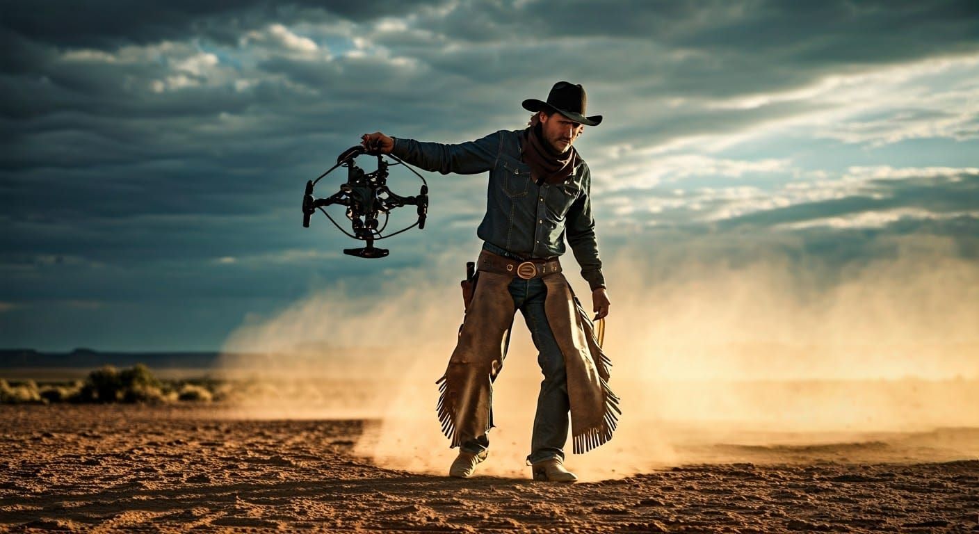 Cowboy Drone Lasso in Cinematic Dust Storm