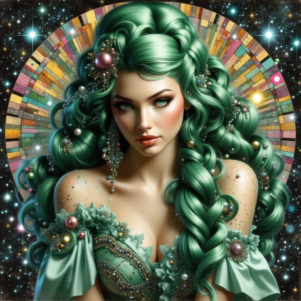 Woman With Green Braids and Pearl Adornments