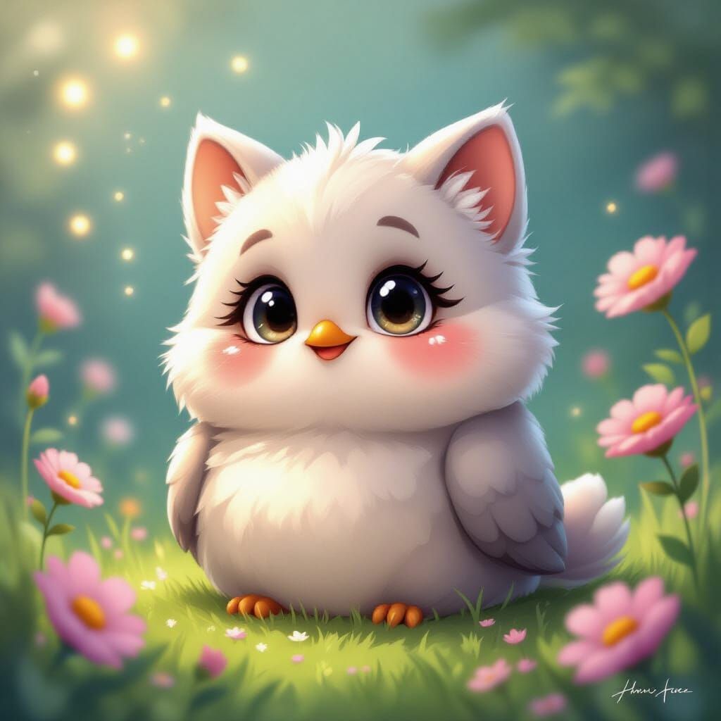 Happy Fluffy Bird in Dreamy Fairytale Setting