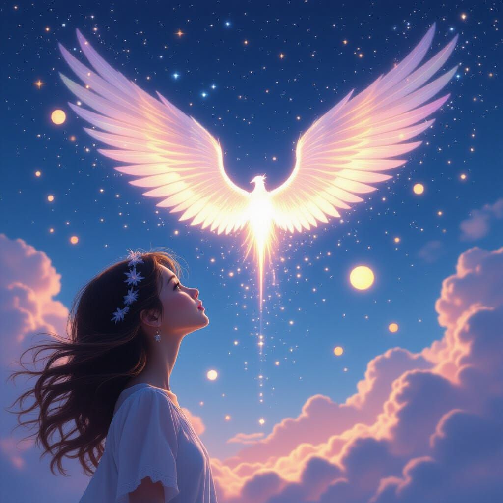 Heroine Gazes at Starry Sky with Celestial Wings