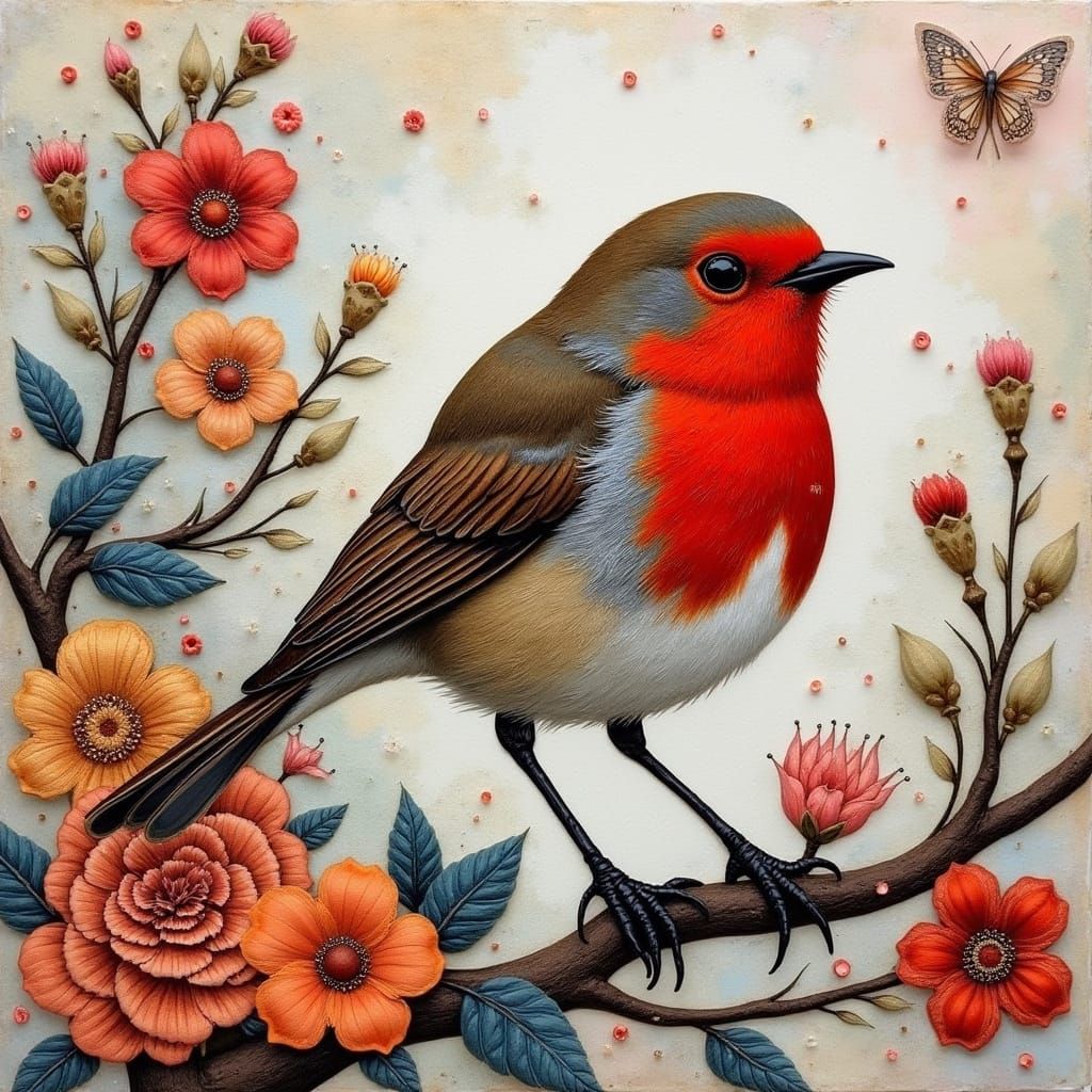 Scarlet Robin in Pointillism Collage