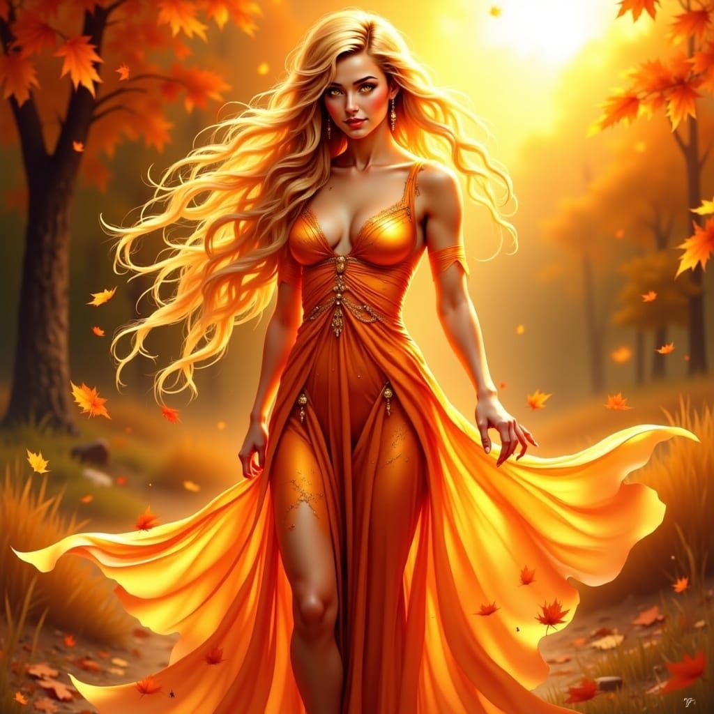 Radiant Orange Goddess in Autumn Landscape