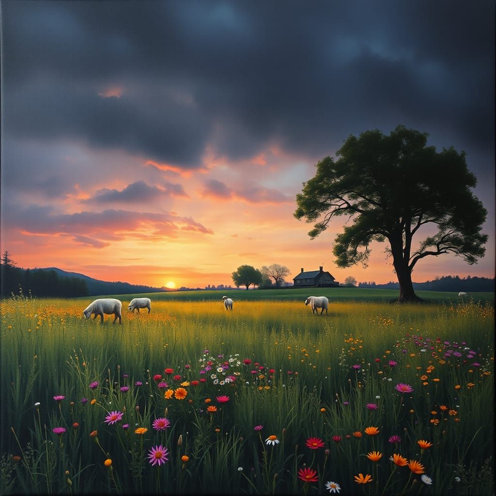 Surreal Landscape: Wild Grasses, Sheep, and Twilight Sky
