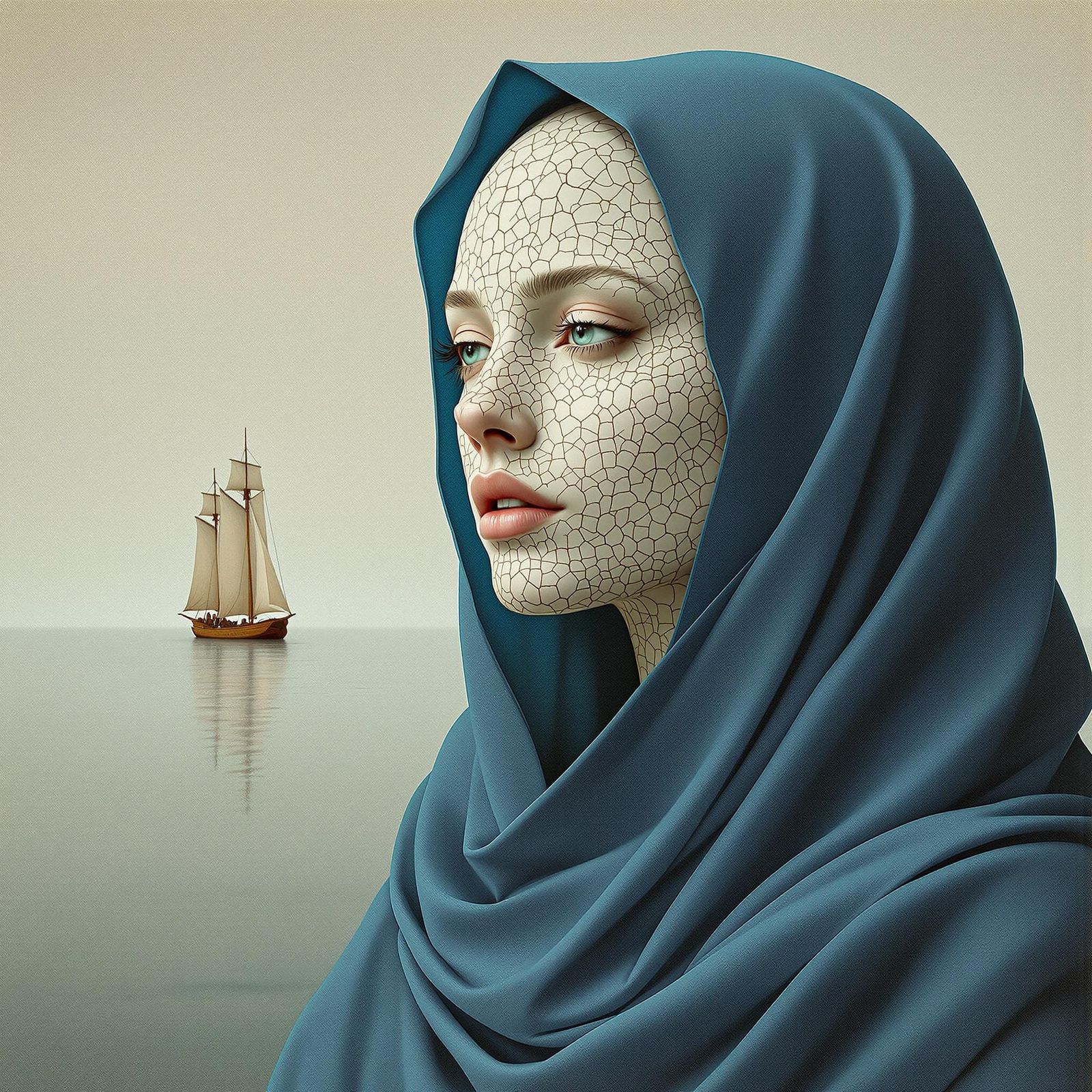 Ethereal Woman with Cracked Skin and Seascape