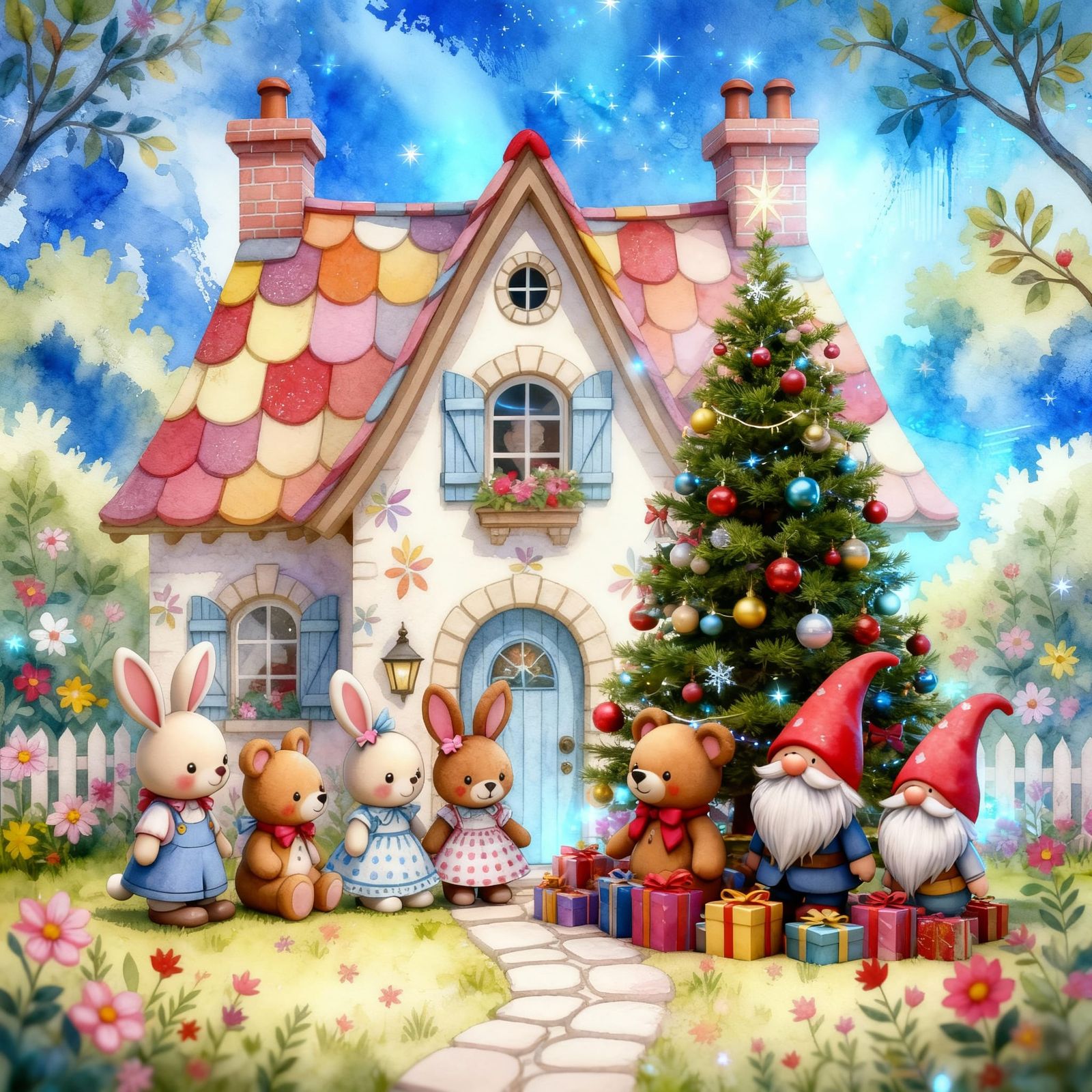 Festive Christmas Tree Decorations with Gifts in Watercolor ...