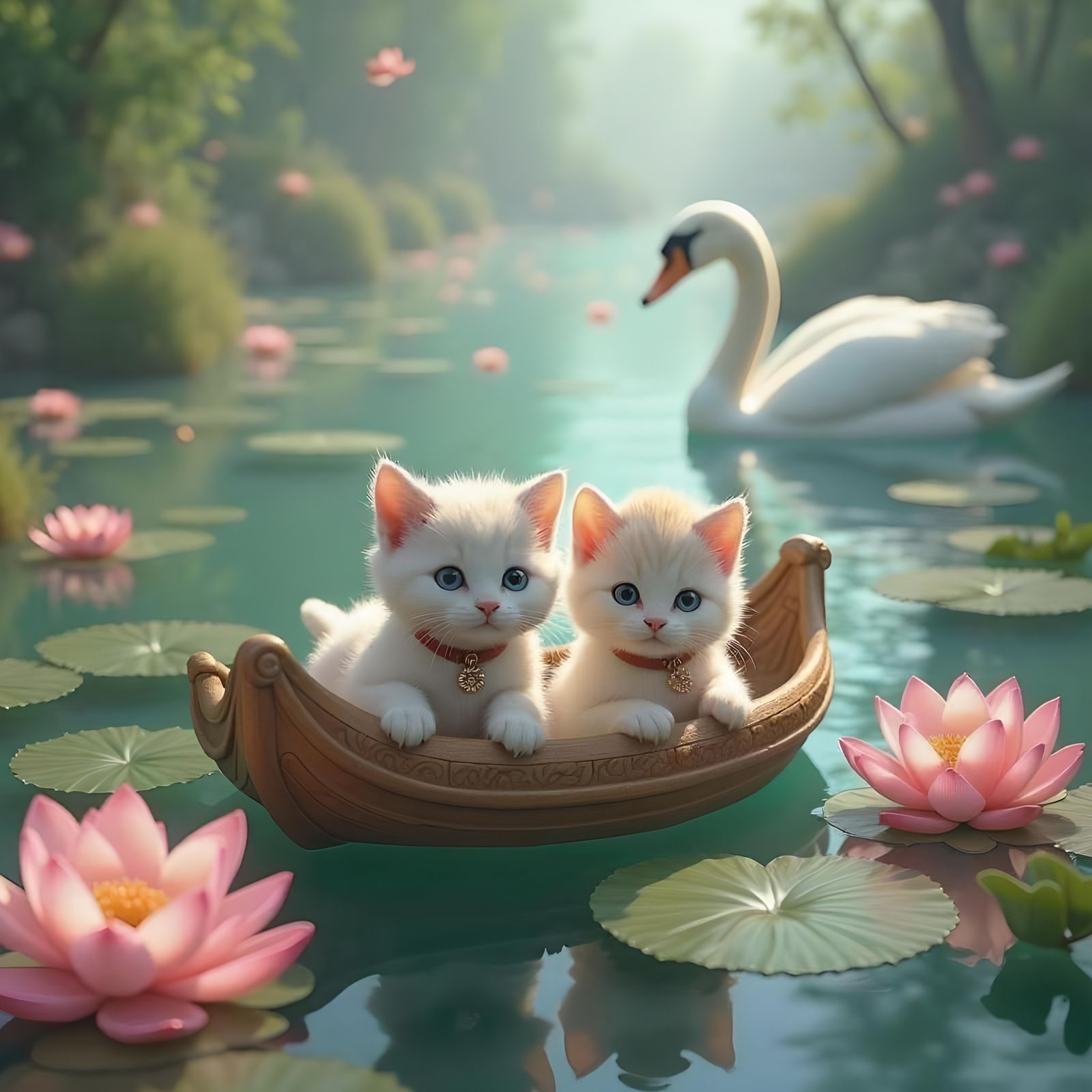2 cute kittens floating in a pond