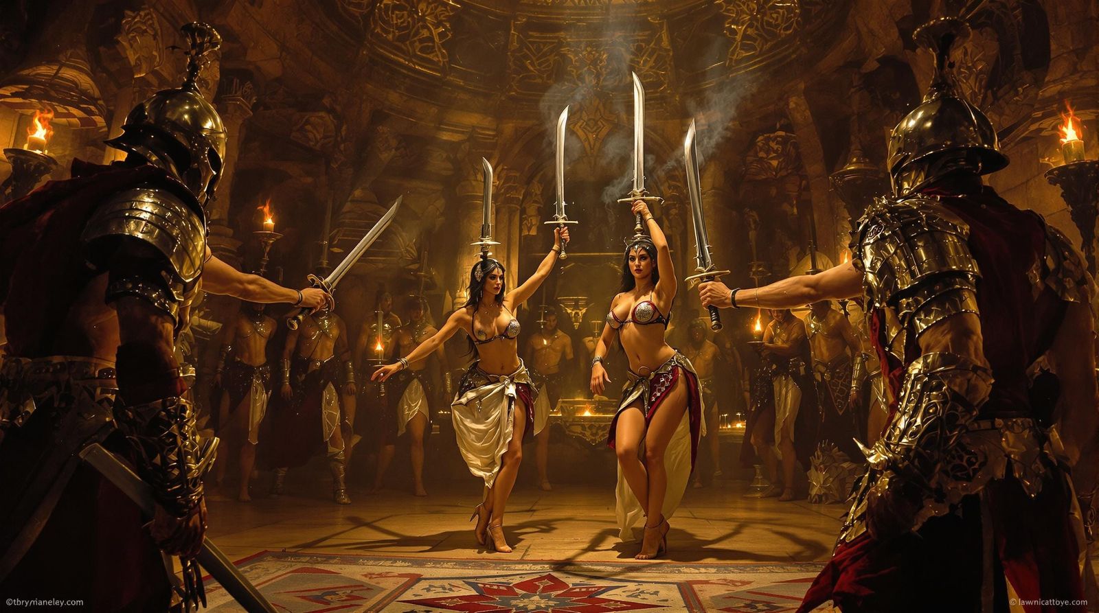 Barbarian Warriors Frame Sword Dancers in Ancient Tavern